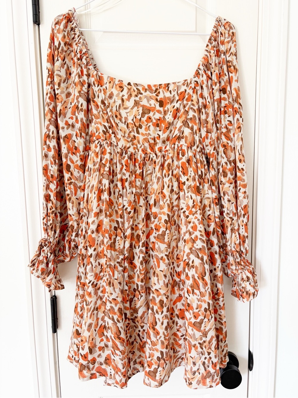 Shop Neighbor Cream Orange Brown printed puff sleeve mini dress medium